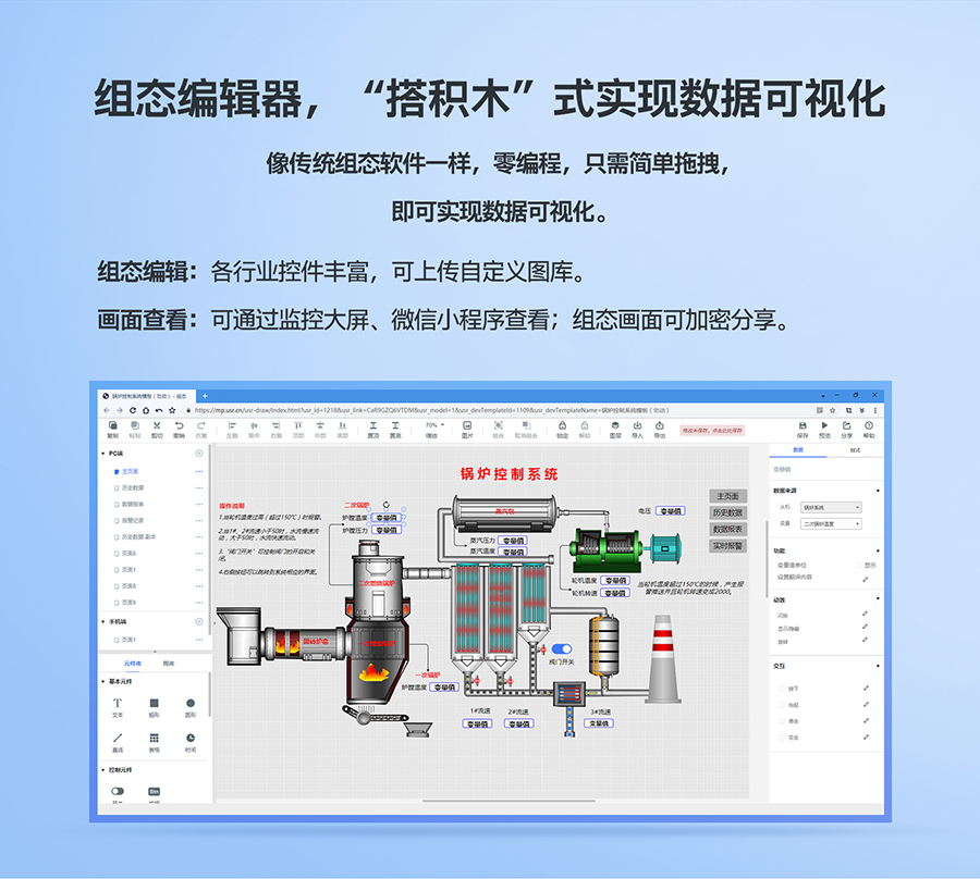 低成本PLC云網(wǎng)關(guān)：組態(tài)編輯器，“搭積木”式實(shí)現(xiàn)數(shù)據(jù)可視化
